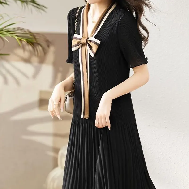 Fashion V-Neck Bow Midi Dress Patchwork Summer Korean Elegant Waist Short Sleeve Female Clothing A-Line Basic Pleated Dresses