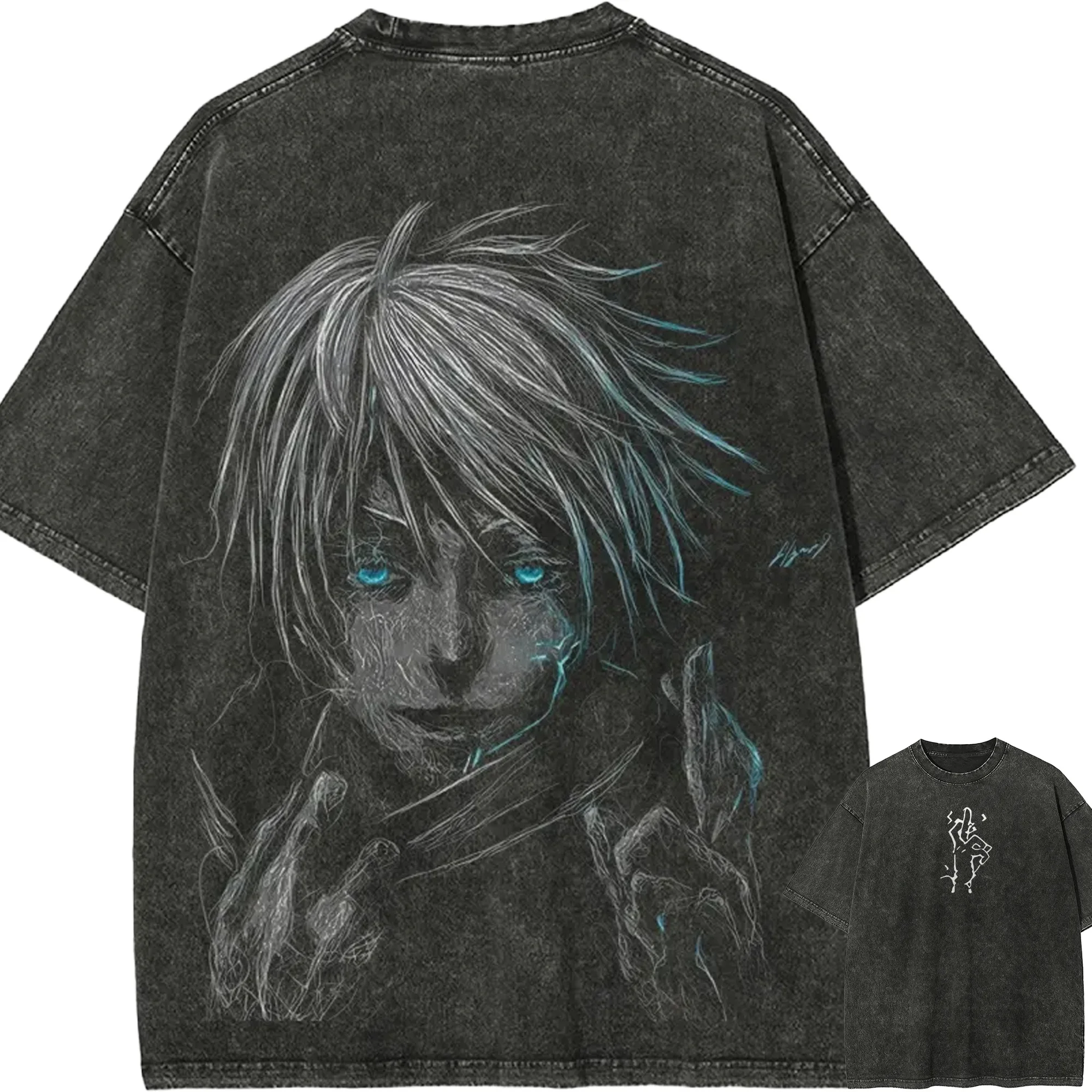 Gojo Satoru Sechs-Augen T-Shirt Jujutsu Kaisen Blau Leuchtendes Vintage Washed Oversized Retro Anime Harajuku Herren Streetwear Kleidung