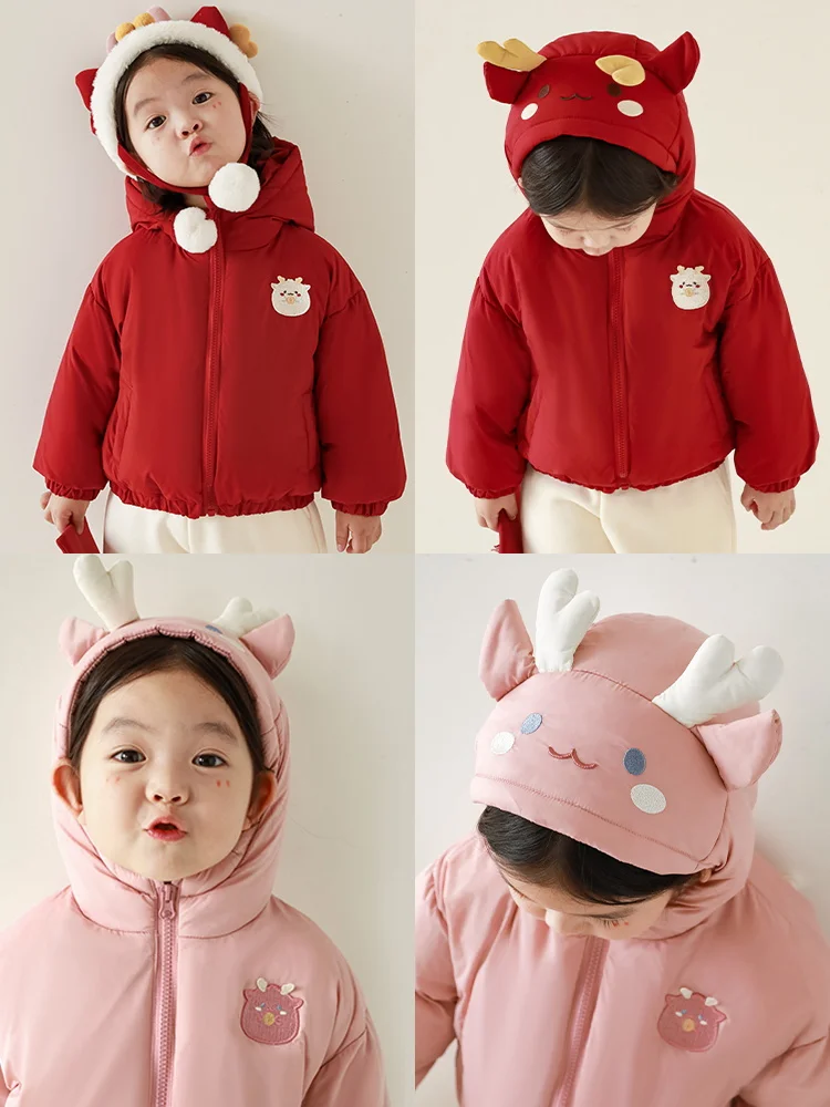 

Girl's Down Jacket Winter Children's Windproof Cute Embroidered Hooded Warm Coat Trendy