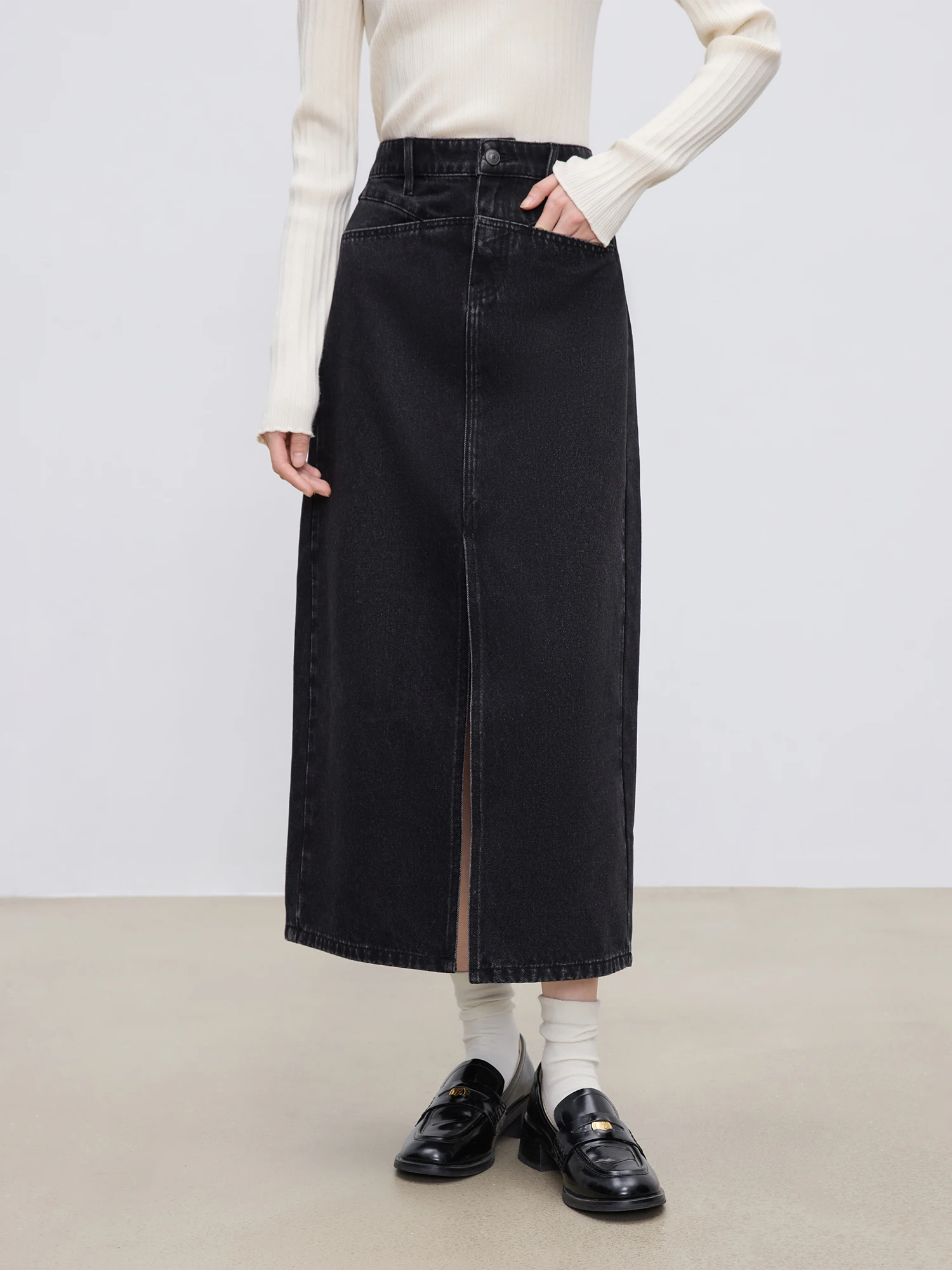 ZIQIAO Women Winter Skirts High Waist Thicken Black Denim A-LINE Skirt Front Spilt Design Female Twill Cotton Bottoms 24ZQ94343