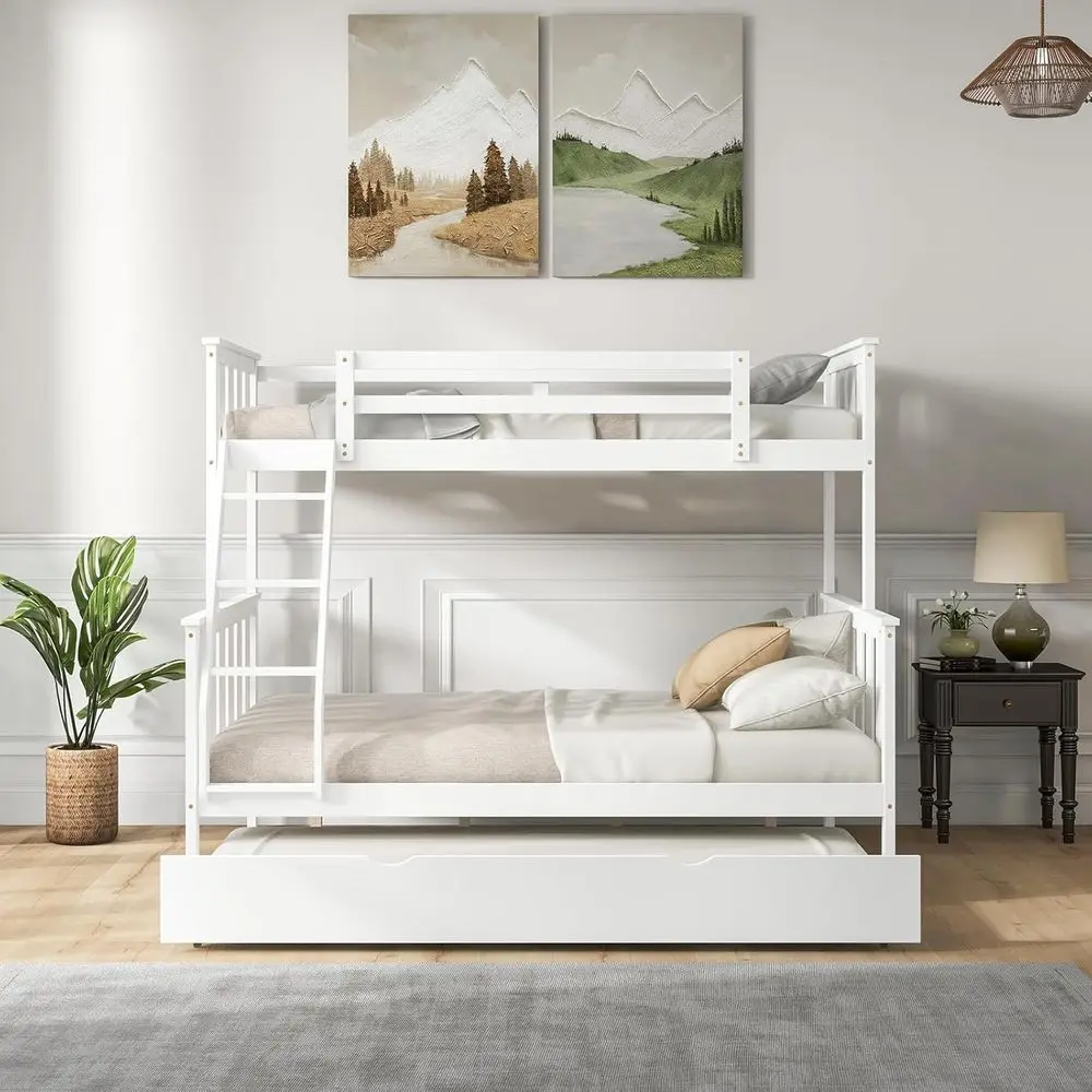 

Pine Wood Triple Bunk Bed with Trundle, Guardrails, Reversible Ladder, Convertible Twin Over Twin, Suitable for Kids and Adults