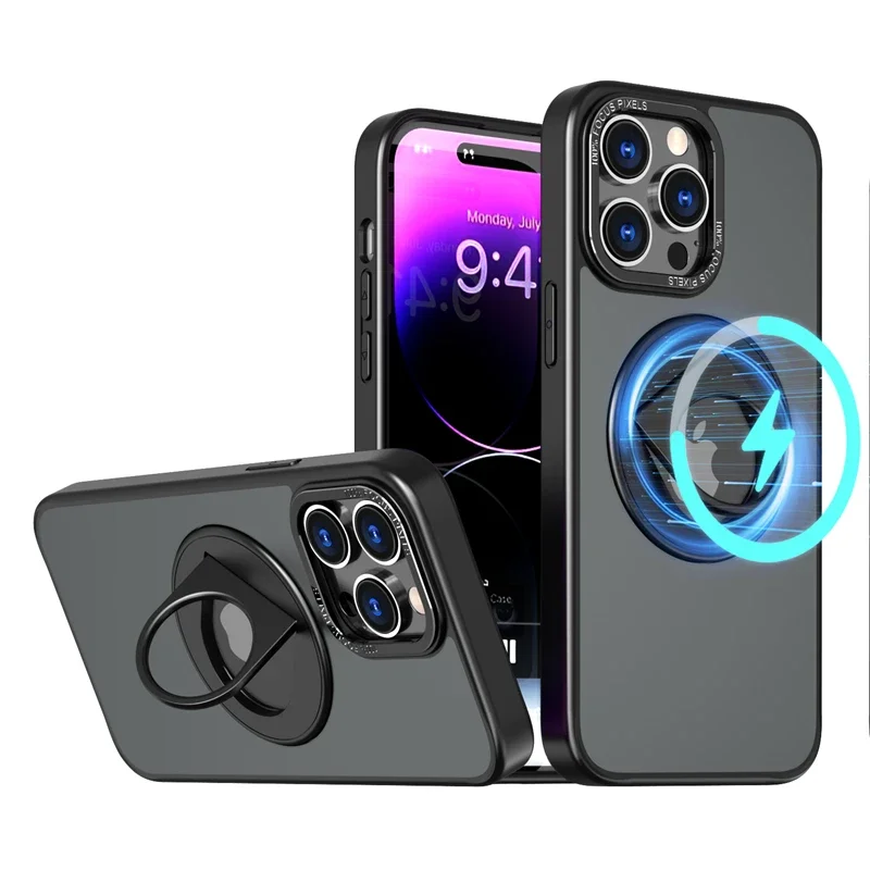 Luxury Magnetic Bracket Case For iPhone 15 14 13 12 11 Pro Max 14 Plus XS Max XR 8 7 Translucent 360 Rotating Ring Holder Cover