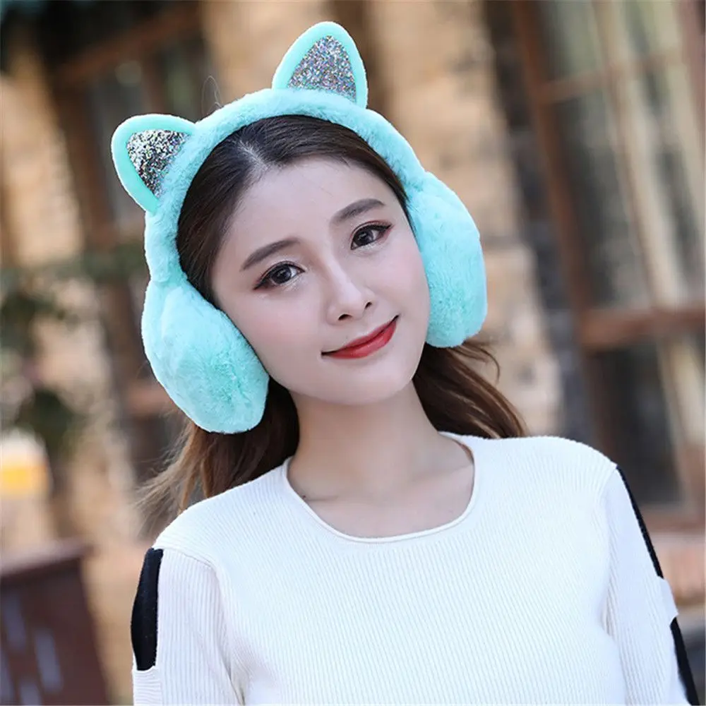 New Lovely Winter Warm Cat Ear Warmers Glitter Ears Plush Earmuffs for Women Playful Girls Ear Muffs Cold Protection Warm Hot