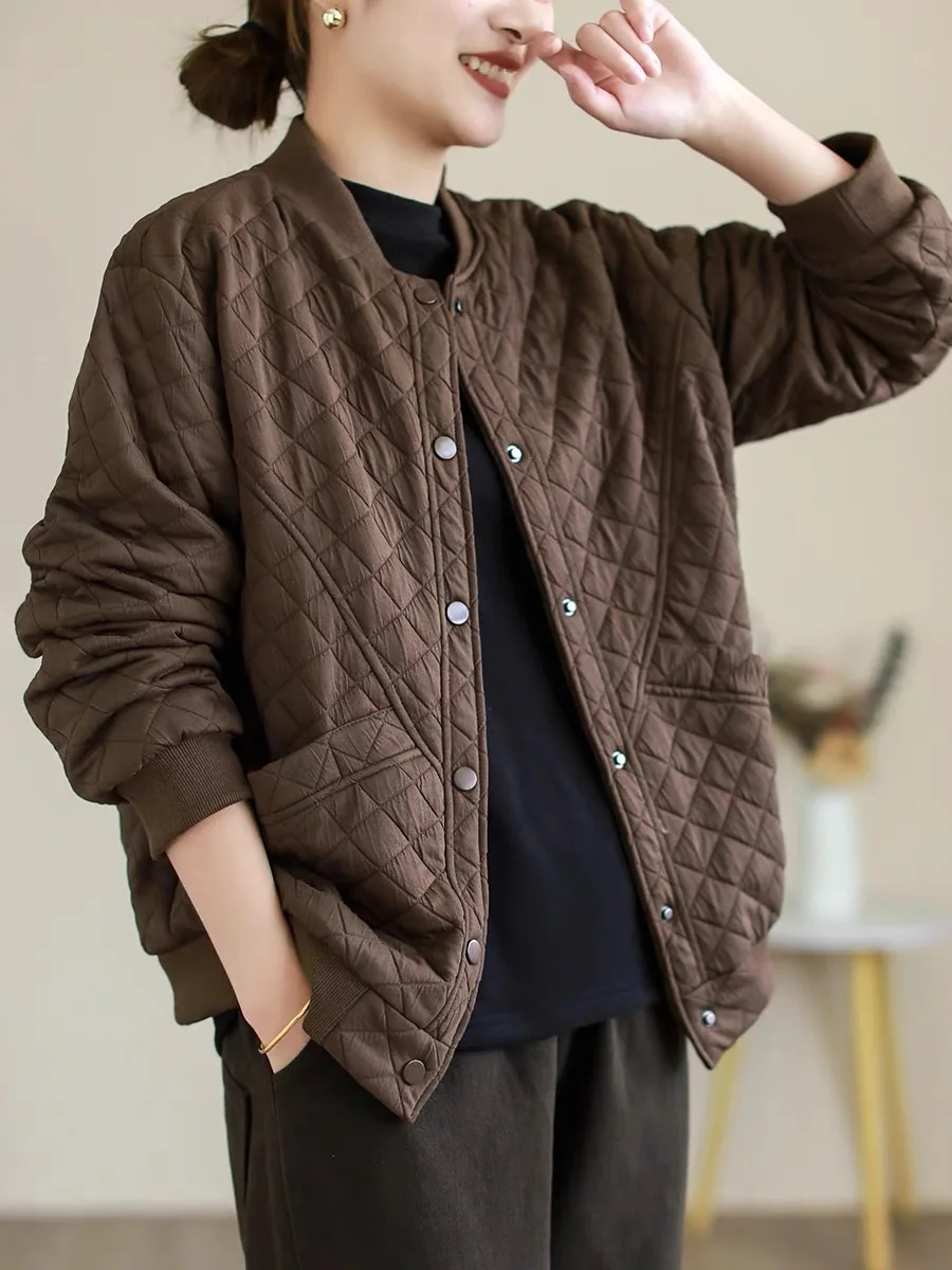 

Autumn Winter Literary Vintage Women Baseball Coats Fashion Casual Cozy Solid Color All-Match Simple Elegance Long Sleeve Tops