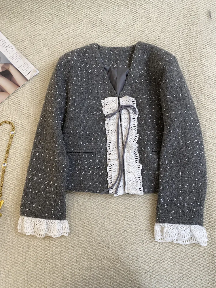 New  Grey polka dot jacket with lace and lace up wool short top coat