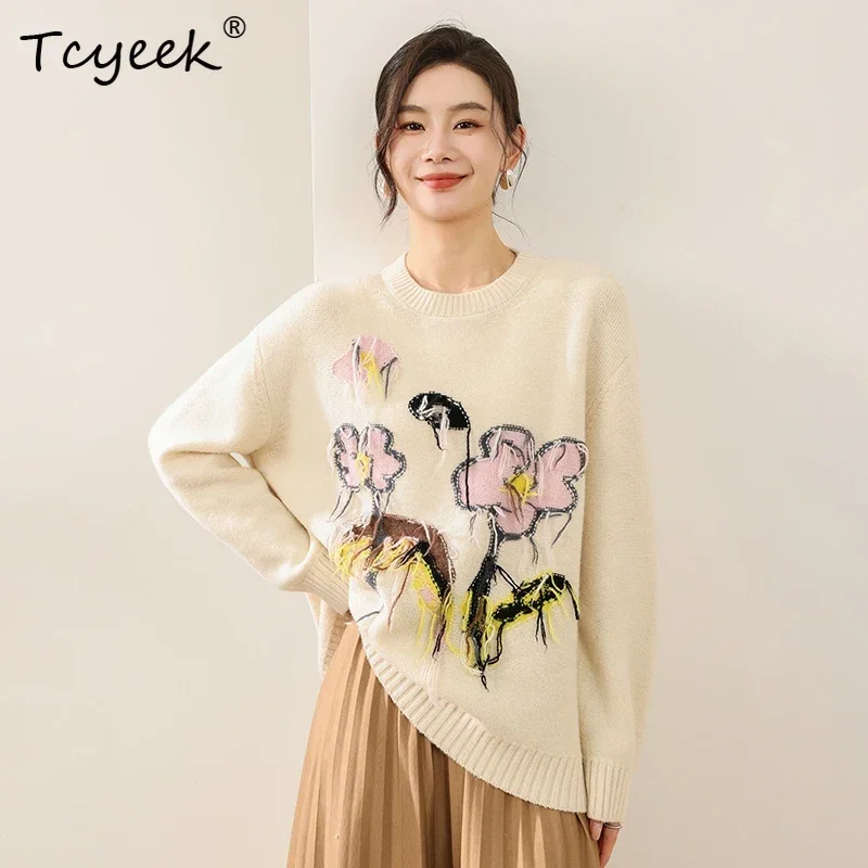 Autumn Winter Sweater Women's 100% Merino Wool Sweater Pullover Festival Casual Warm O-Neck Flower Pattern Handmade Tassel Knit