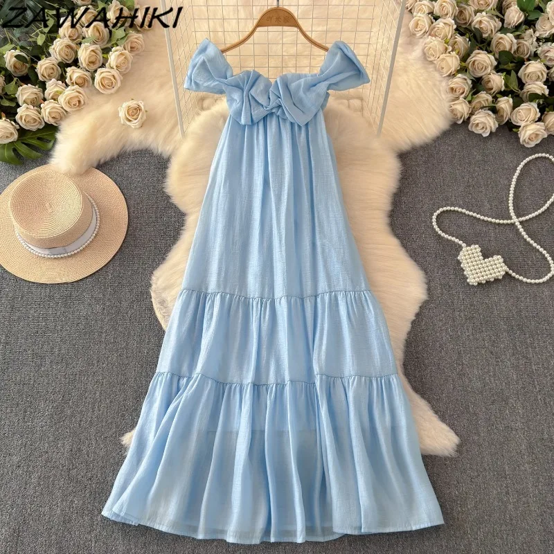 

Blue Women's Dress Slash Neck Bow Patchwork Vestidos Pleated Sleeveless Office Lady Femme Robe Korean Elegant Fashion Ropa Mujer