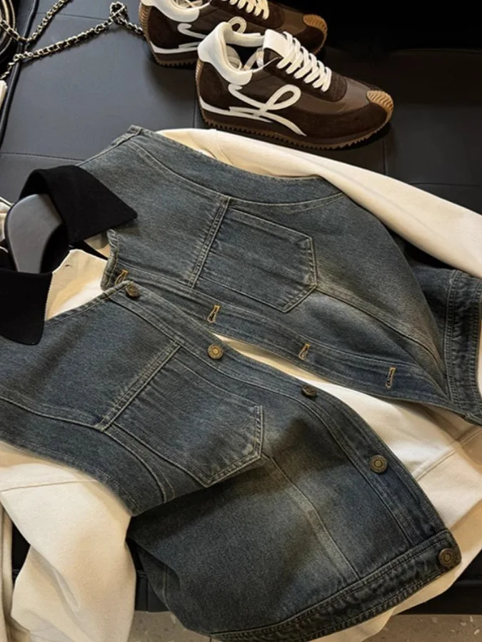 

Модный ретро-жилет из синего денима для женщин, универсальная высококачественная одежда из тонкого материала, без подкладки, без бренда