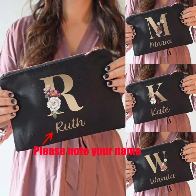 Custom Name Makeup Bags Gold Alphabet Flowers Cosmetic Bag Travel Makeup Bag Transparent Pencil Case Wedding Bridesmaid Gift