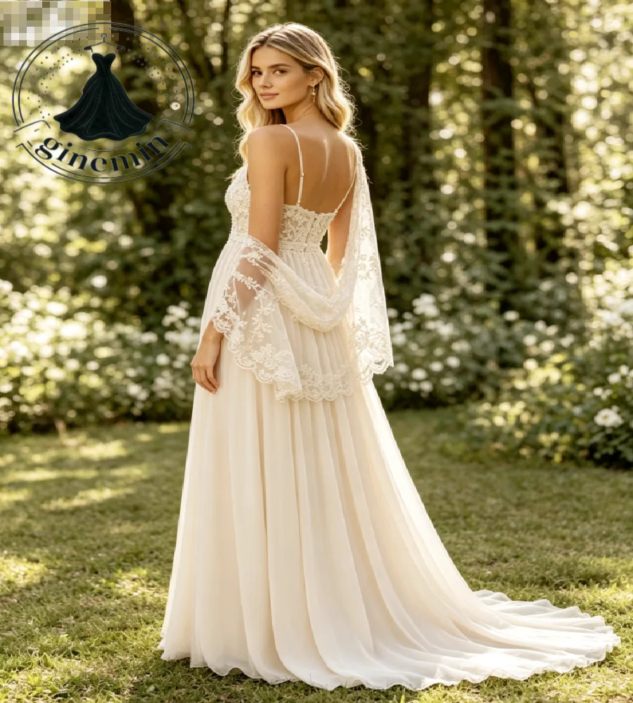 Romantic Garden Maternity Wedding Dress Spaghetti Straps Deep V Neck Detachable Lace Wrap Rustic Boho Bride Dresses Customized