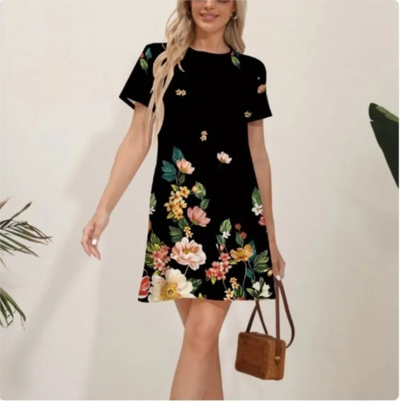 Vestido Mini Elegante Kwiatowy Szlafrok Letni Damski Krótki Rękaw Okrągły Dekolt Nadruk Mini Sukienki Przezroczysta I Słodka Sukienka A-line