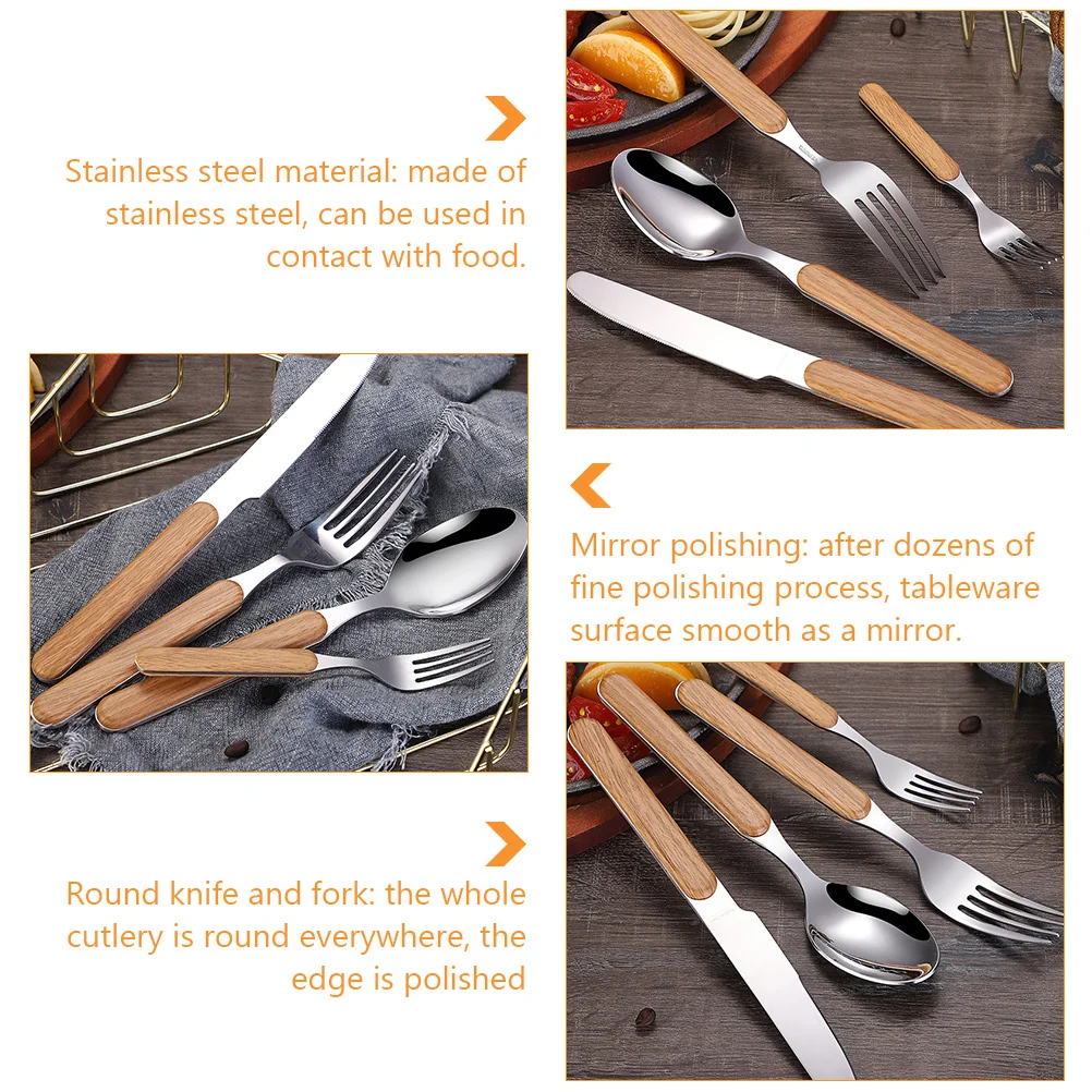

4Pcs Wood Grain Handle Stainless Steel Cutlery Set Fork Spoon Cutter Retro Flatware Kit Gift Housewarming Festival