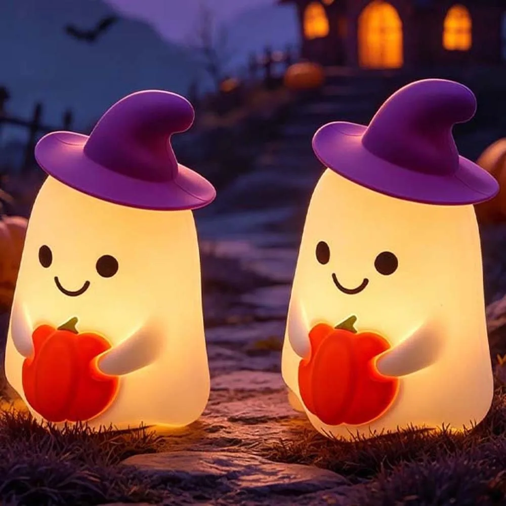 Rechargeable Pumpkin Night Light Phone Holder Dimmable Timer Silicone Ghost Lamp Warm Glow Portable for 5V/1W