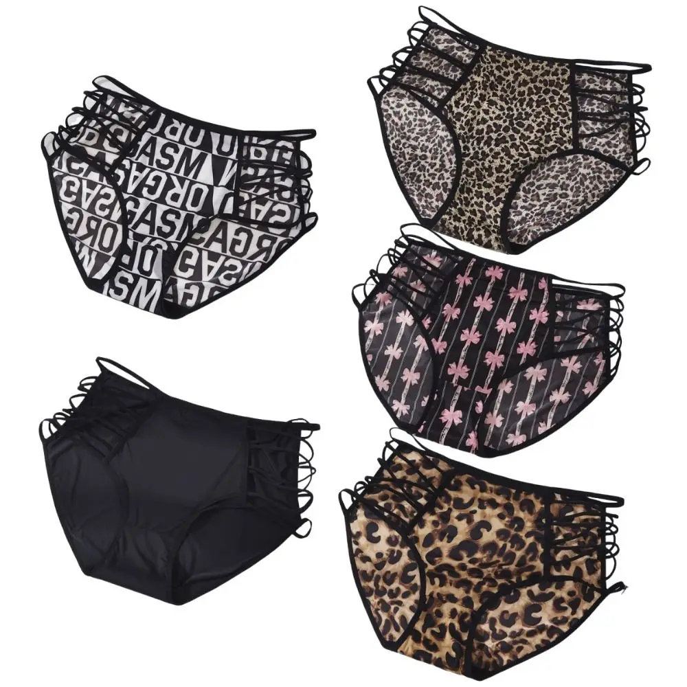 Bequeme Mittlere Taille Leopard Höschen Spaghetti Gürtel Brief Gedruckt Eis Seide Slip Elastische Bowknot Hohl Unterhose Streetwear