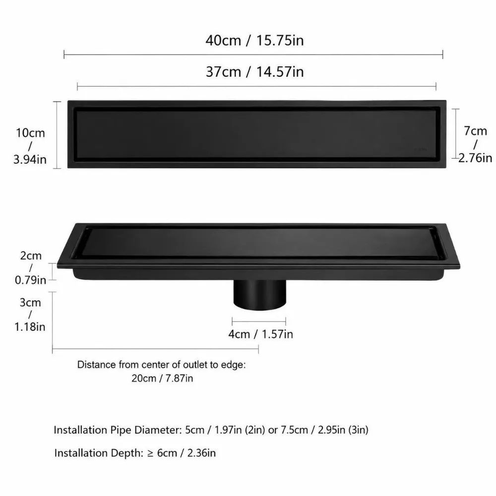 304 Stainless Steel Linear Floor Drain Rectangle Matte Black Finish Shower Drain Large Drainage Capacity 15.75 Inch Length