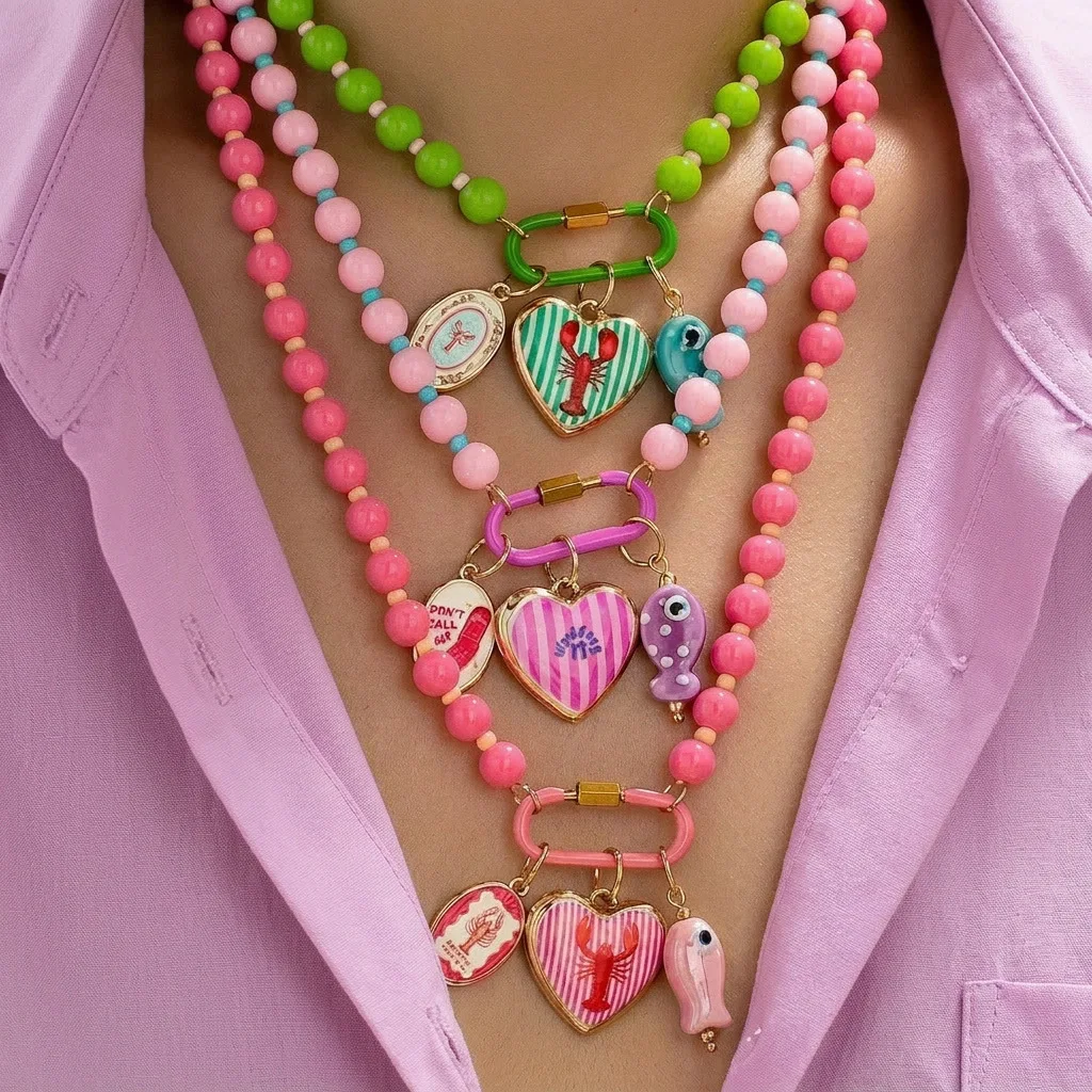 Boho Fish Square Tag Heart Pendant Necklace for Women Statement Colorful Beaded Stackable Necklaces Summer Beach Fashion Jewelry