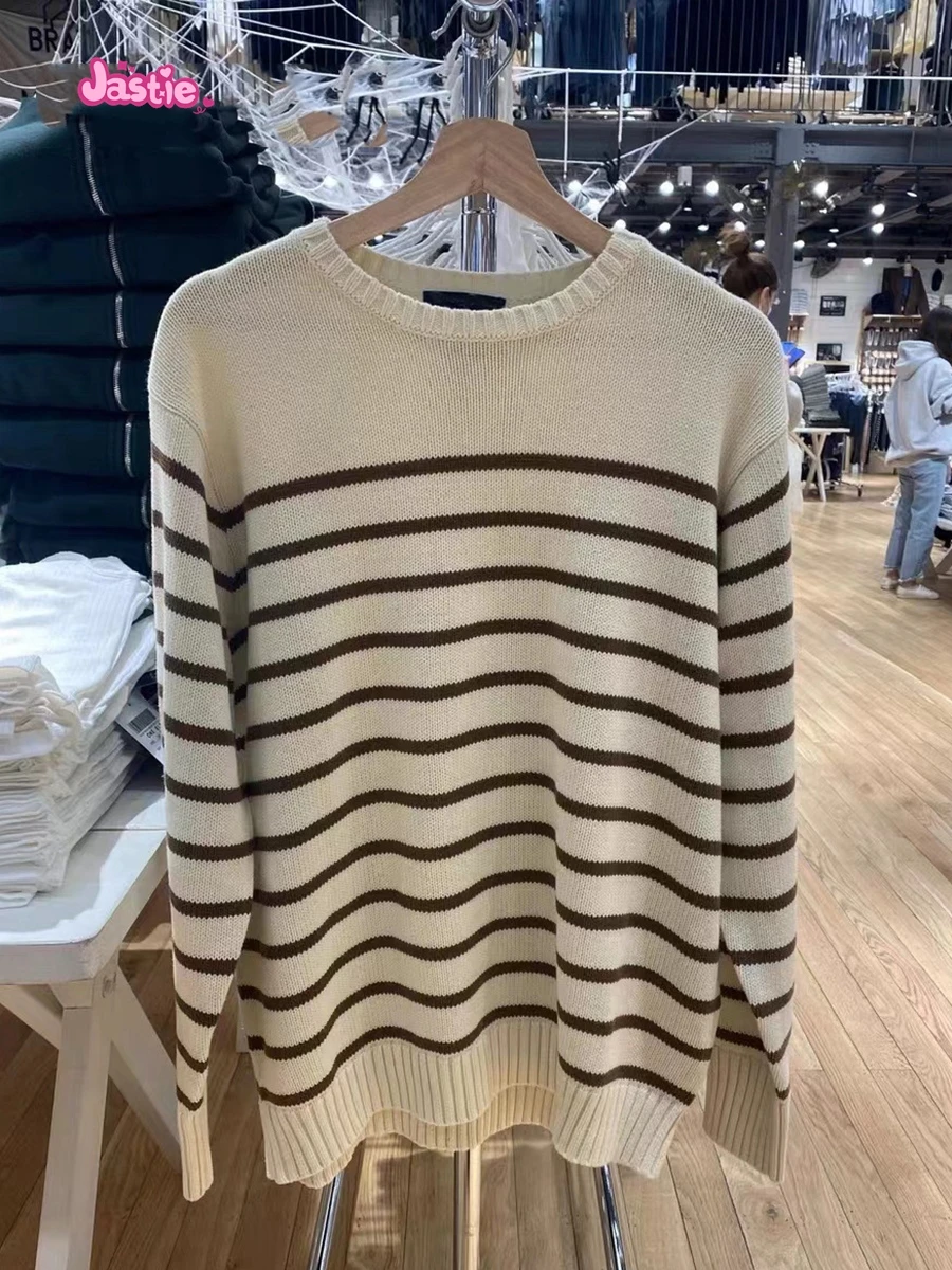 Vintage Striped Pullover Sweater Women Autumn Casual Oversize Drop Shoulder Sweater Femme Retro Streetwear Cotton Tops 2024