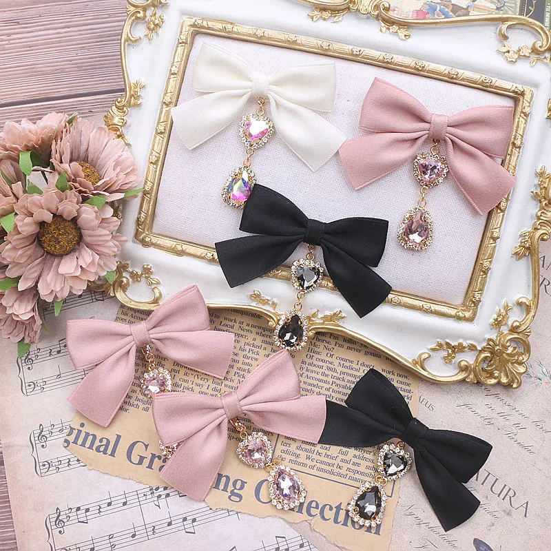 

Handmade Bow Earrings Japanese Sweet Girl Big Bow Water Drops Rhinestone Pendant 925 Silver Needles Clips