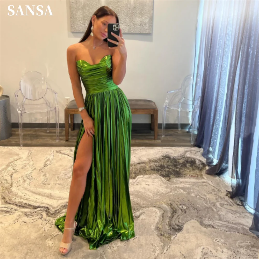 Sansa Shiny Grass Green Prom Dress Sexy Side Split A-line Vestidos De Fiesta Strapless Gliiter Light Green Evening Dress 2024