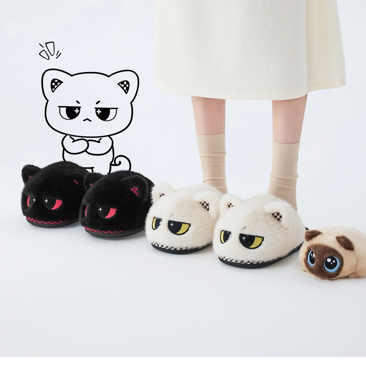 Kawaii Sternenaugen-Katzen-Hausschuhe, Plüsch-Hausschuhe für Damen, Winter-Hausschuhe, Plüsch-Hausschuhe für Damen, Tier-Hausschuhe, Indoor-Mules, Schlafzimmer-Slides, Schuhe – Detail 7