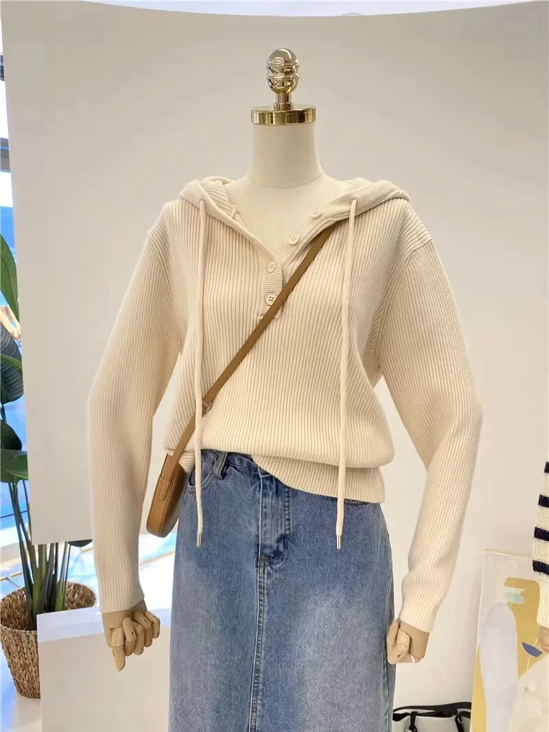 Korean Hot Selling Women's Hoodie Button Draw Rope Sweatshirt Solid Color Knit Loose Slim Fit Pullover Shirt Fashion Girl's Coat