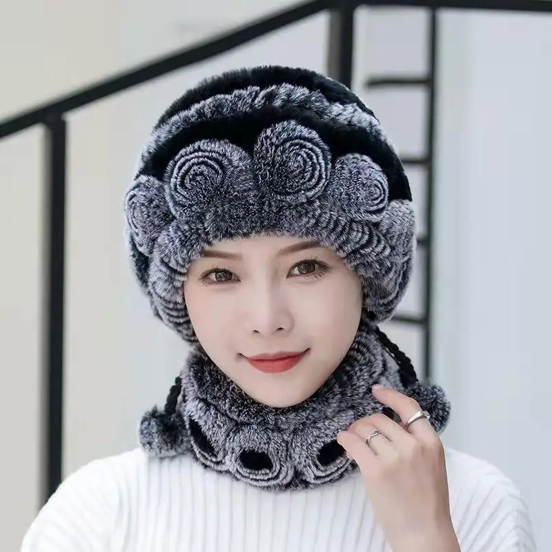 المرأة محبوك لينة 100% ريال ريكس الأرنب الفراء قبعة الأوشحة شتاء دافئ الفراء الحقيقي قبعة وشاح مجموعات الطبيعية ريكس الأرنب الفراء قبعة طقم أربطة