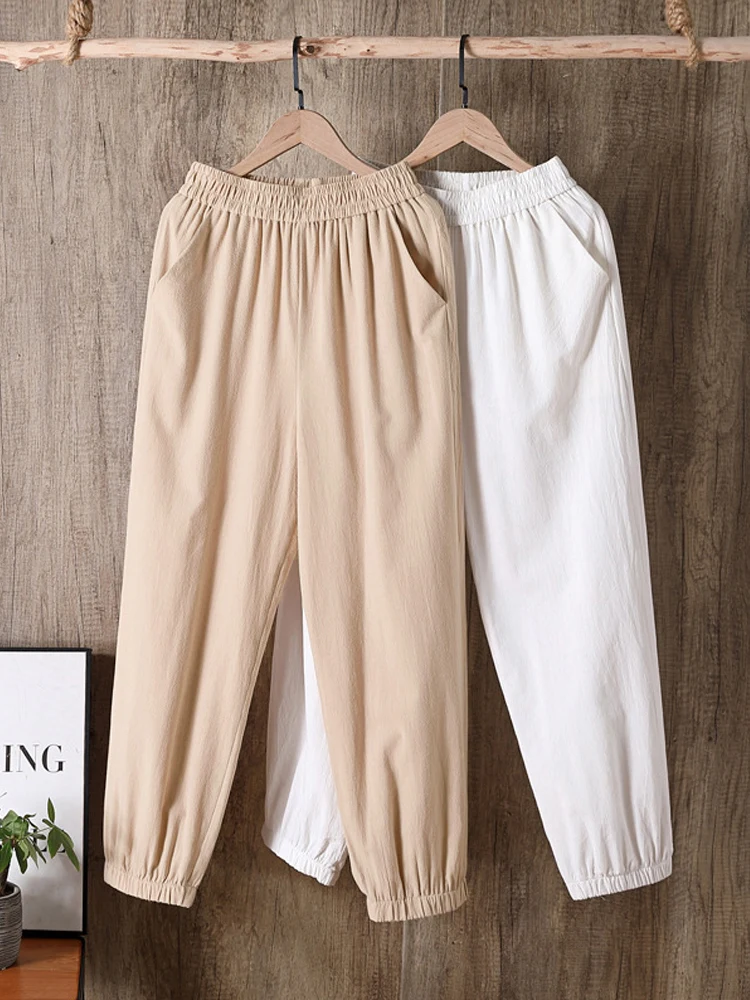 2023 Spring Summer Casual Cotton Linen Pants Women Elastic Waist Solid Pockets Retro Loose Women's Harem Pants Trousers Bottoms