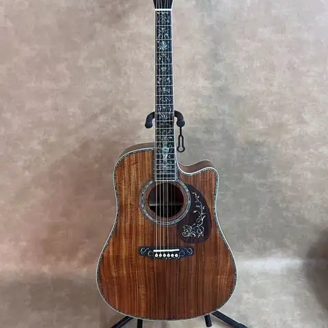 Handcrafted All Koa Wood D45 Acoustic Guitar Ebony Fingerboard with Abalone Inlay Bone Nut 20 Frets