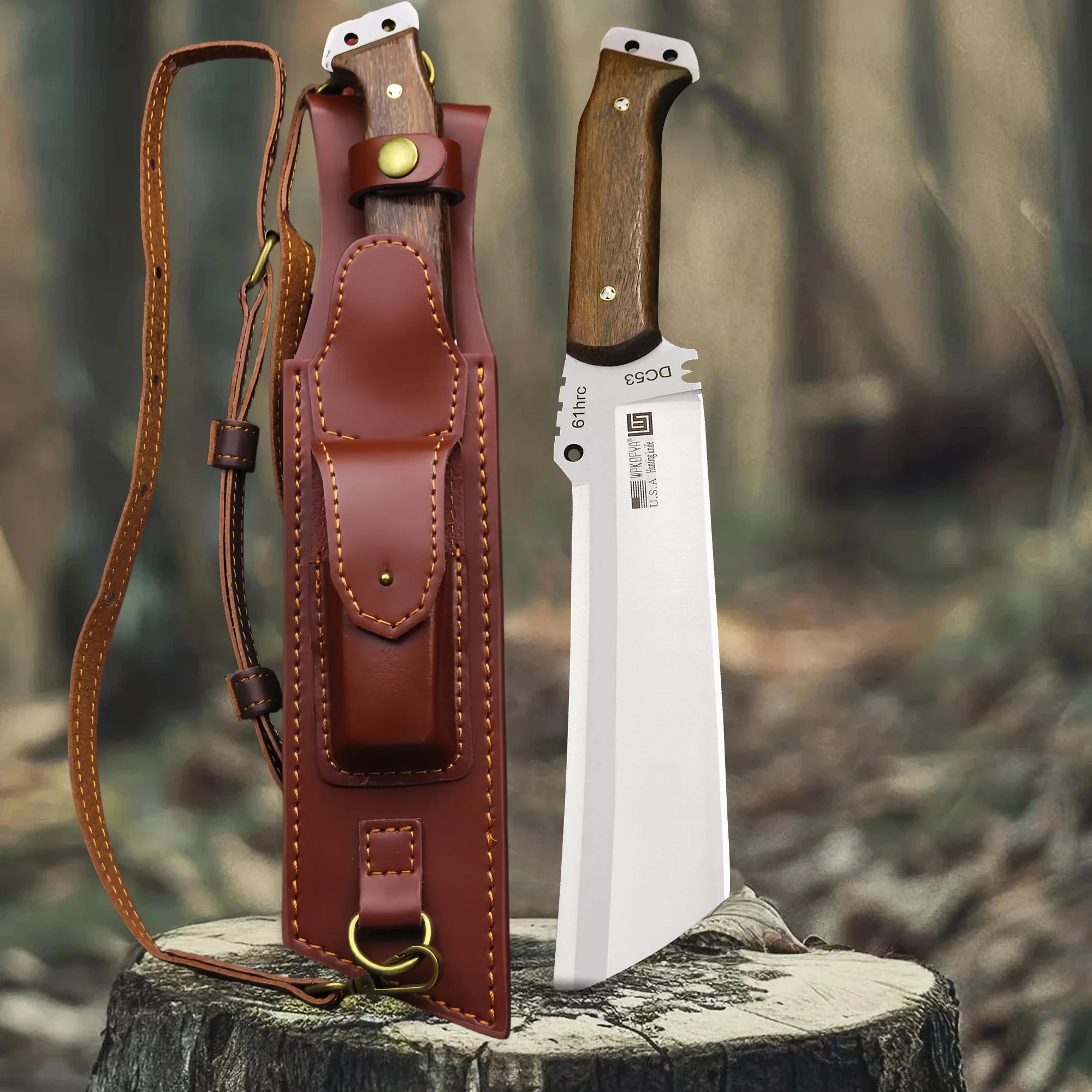 WPKOPYA German DC53 All Tang outdoor firewood knife + single shoulder leather sheath, outdoor logging axe, agricultural cleaves