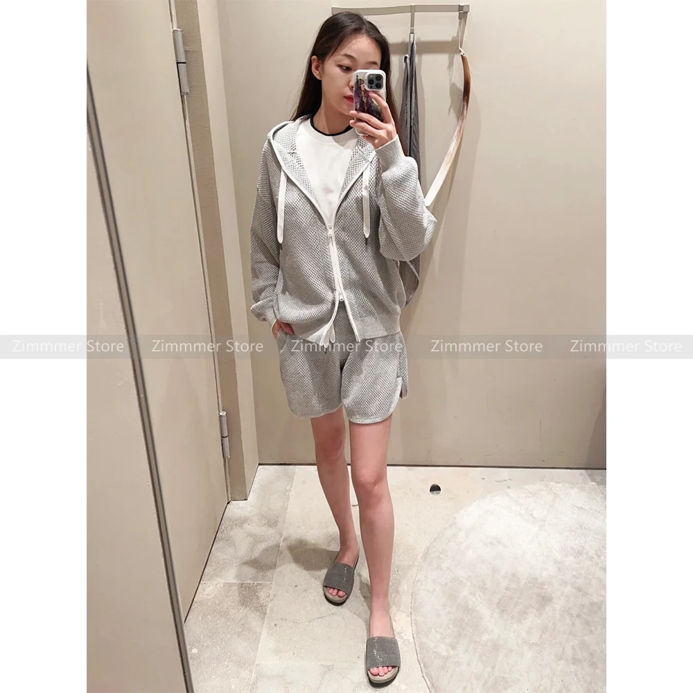 

Minimalist casual V-neck mesh hooded hollow knitted zipper long-sleeved cardigan jacket