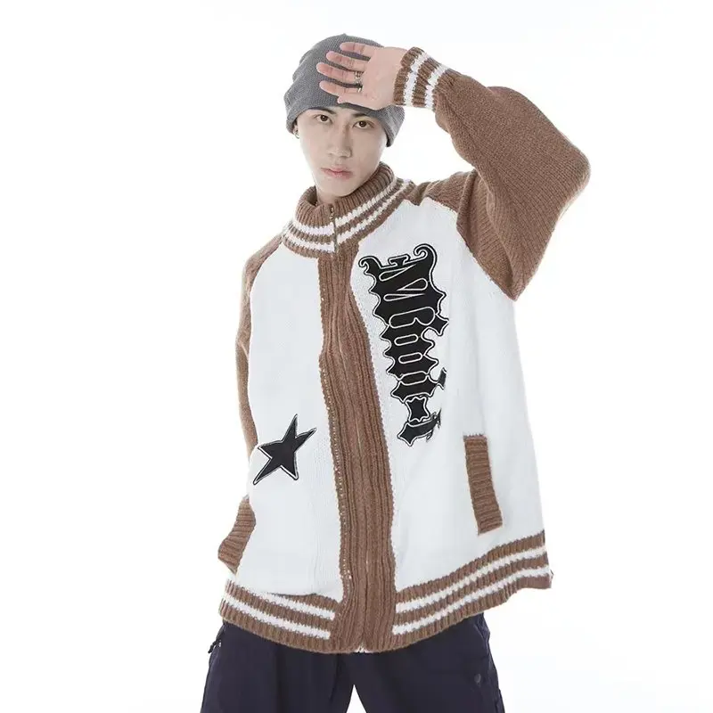 

Heavy Embroidery Patchwork Knitted Zipper Stand Collar Jaet Loose Fit Men's Faion Casual Sle Spring Autumn Wear