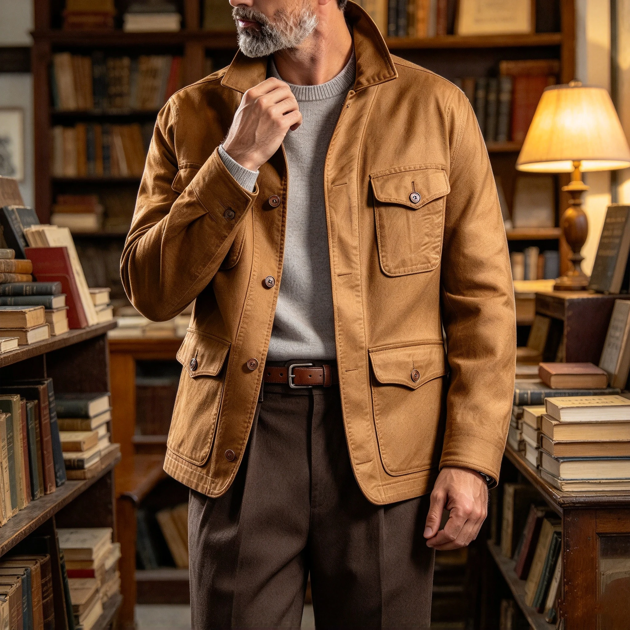 Men's Safari Jackets Casual Hunting Versatile Senior Multi-Pocket Coat Autumn Winter Warmth Windproof Blazer Work Outdoor Male