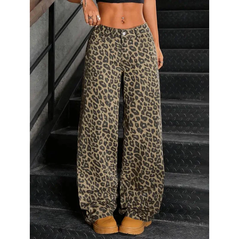 Hot Selling Women's Straight Jeans Girls High Waist Leopard Print Denim Pants Women's Retro Fashion Loose Pants
