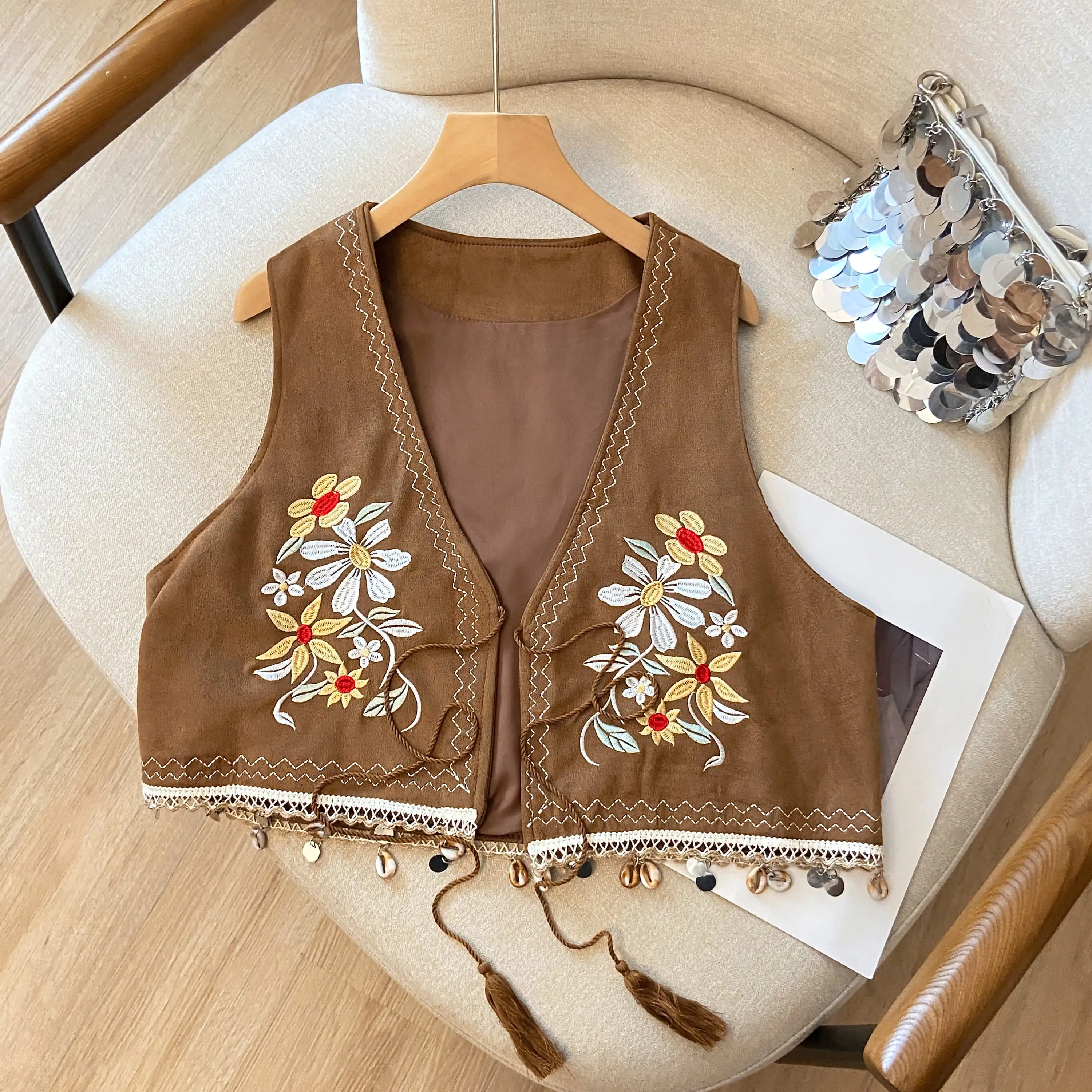 Retro bordado floral colete com cinto ell franja caramelo pele de veado veludo oulder feminino faion commute sle v ne