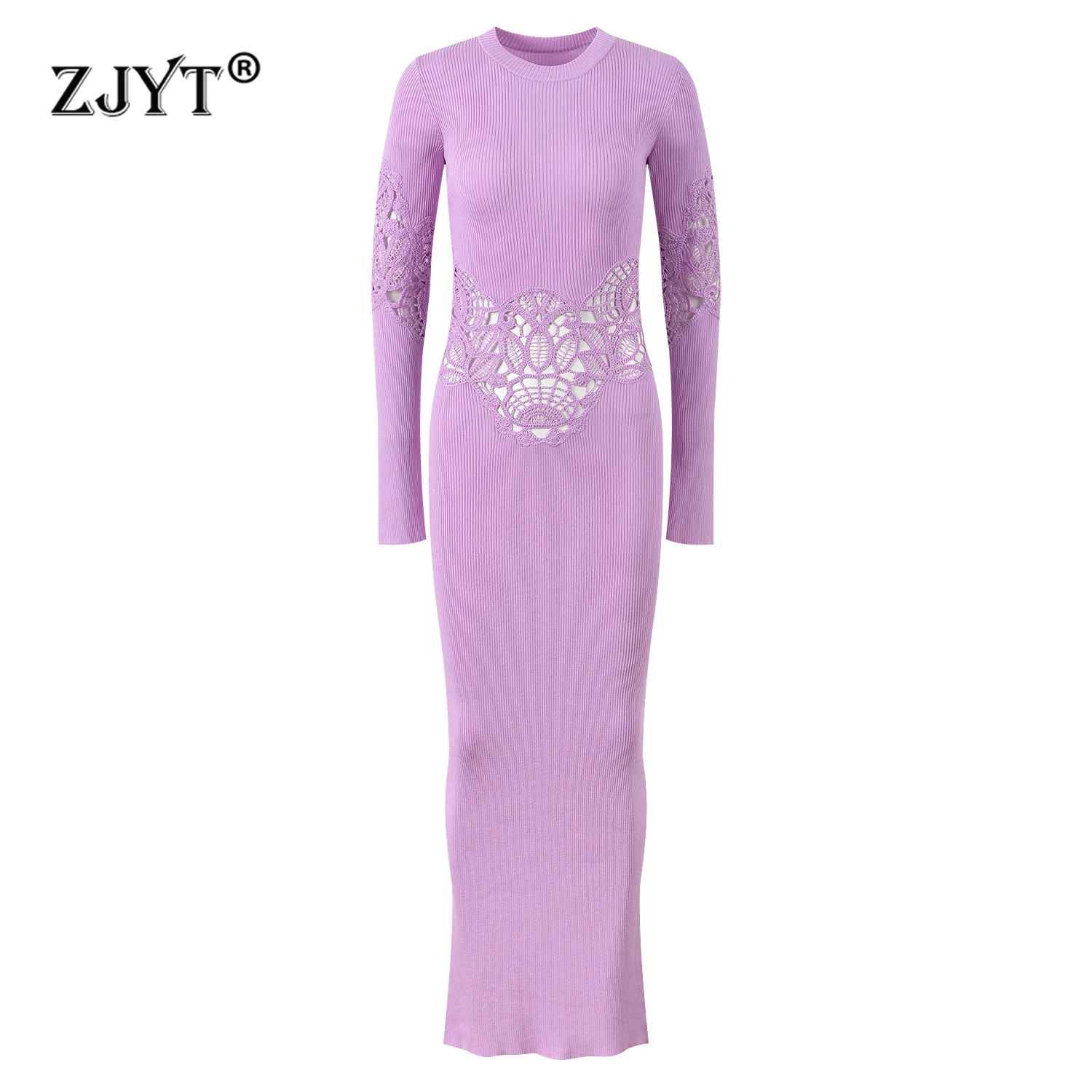 ZJYT Spring Autumn New Long Sleeve Knitting Sweater Dresses for Women 2026 Hollow Out Sheath Bodycon Dress Party Female Vestidos