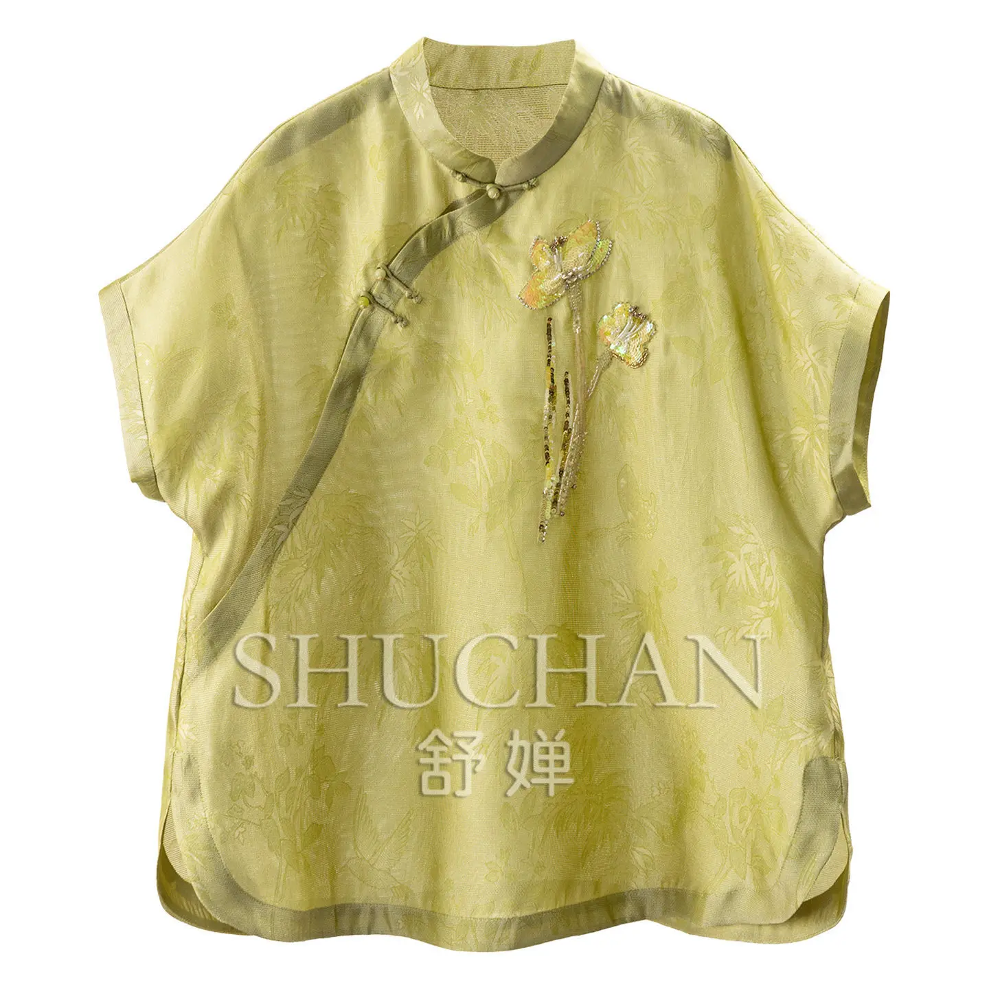 

New Chinese Positioning Embroidery 95% Natural Silk Jacquard Diagonal Placket Sleeve Shirt Women 32W9