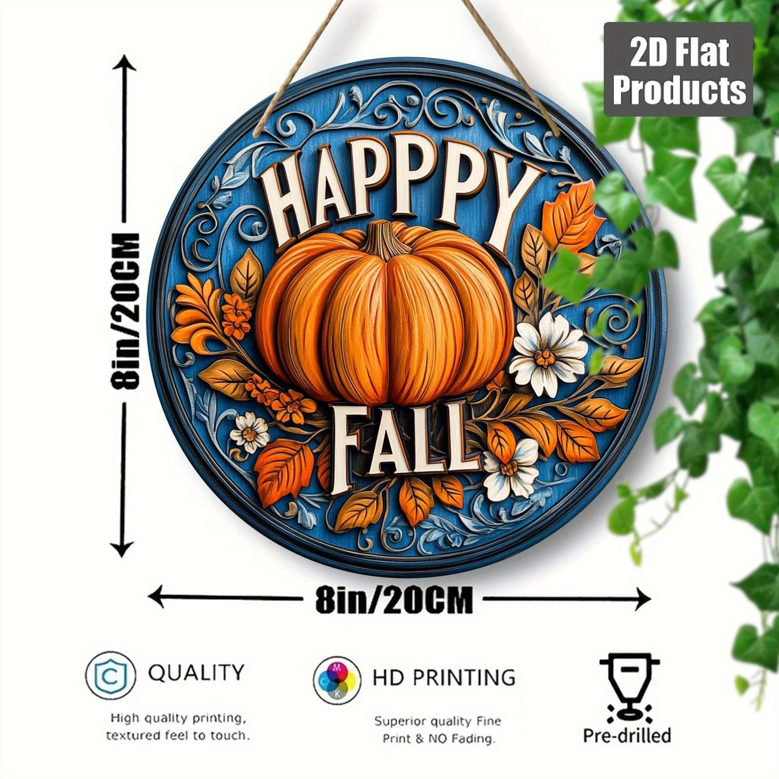 2D Flat- 1pc Happy Autumn Round Wooden Wall Decor | 8.0X 8.0inch Country-Style Pumpkin And Floral Design, Plywood for Home, Offi