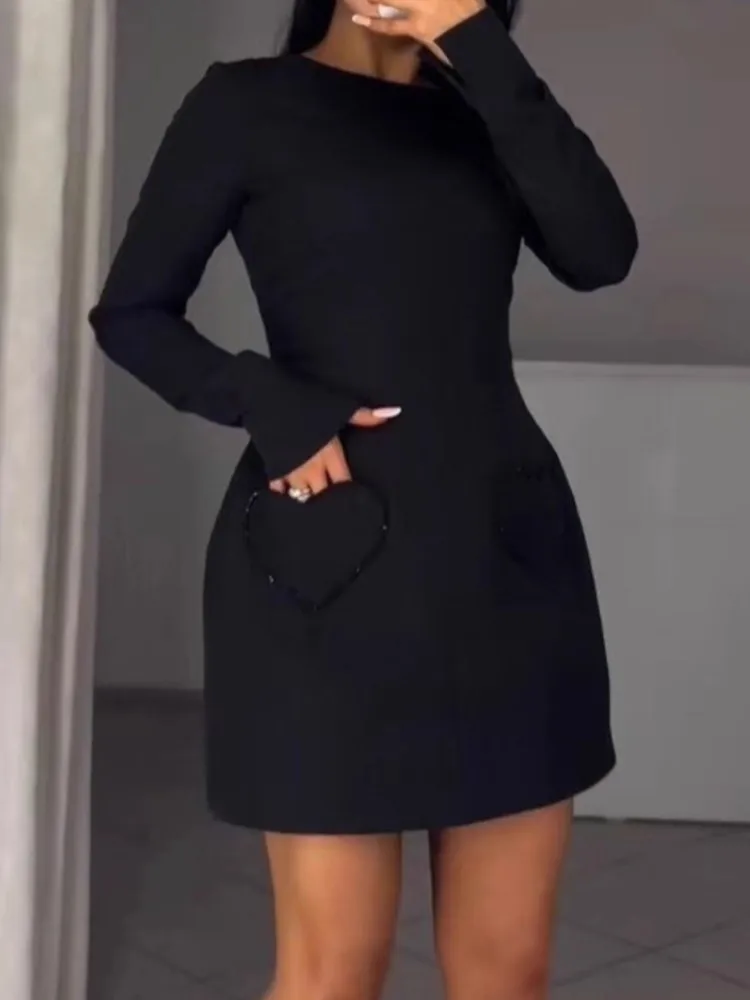Elegantes schwarzes Kleid für Frauen, modisch, langärmelig, O-Ausschnitt, Taschen, hohe Taille, lose Kleider, Vestidos, Dame, Urlaub, Party, Kleidung