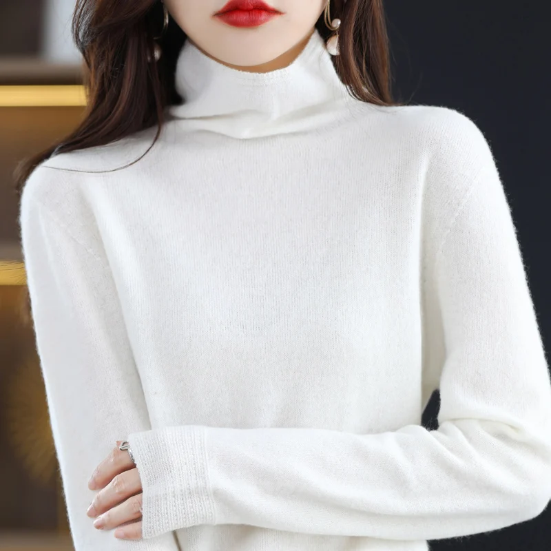 Women\'s sweater autumn/winter 100% pure wool sweater casual solid knitted Tops turtleneck pullover loose basic bottom Blouse