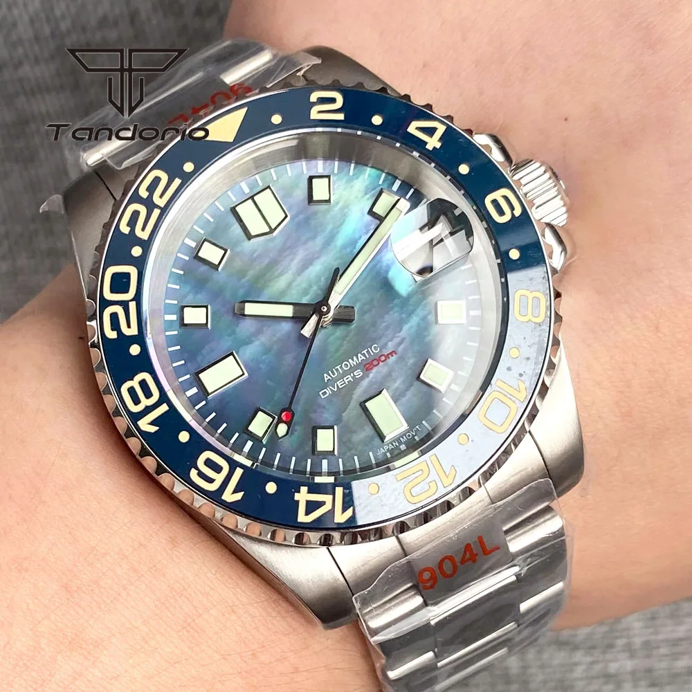 Tandorio 40mm 200m NH35A Fashion Automatic Men\'s Dive Watch Shiny Mother of Pearl Dial Sapphire Glass Rotating Bezel Glide Clasp