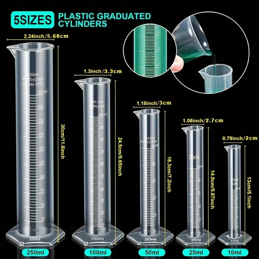 Graduated Cylinder Plastic Beaker, 5pcs Plastic Graduated Cylinder 10ml 25ml 50ml 100ml 250ml and 5pcs Plastic Beakers 50ml 100m