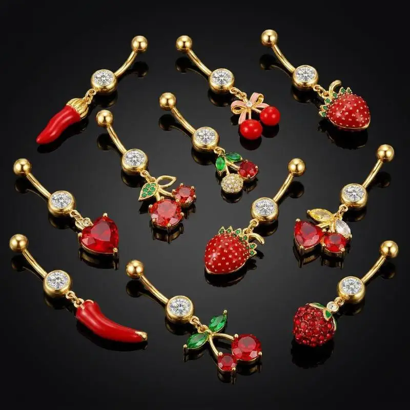 Fruit Cherry Belly Button Rings Unique 3D Cherry Design Waterproof Stainless Steel Sexy Navel Piercing Jewelry for Swimming
