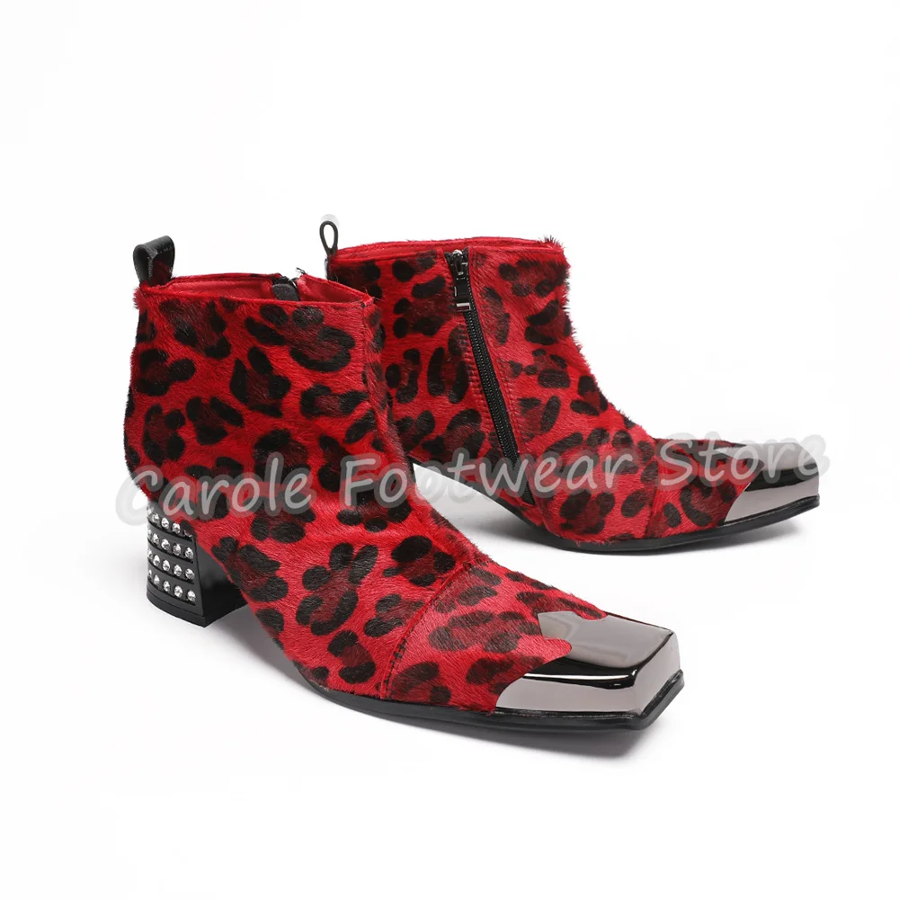 Male Leopard Print Genuine Leather Ankle Boots Luxury Rhinestone Chunky Heel Metal Square Toe Chelsea Boots Business Party Shoes