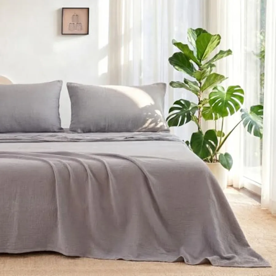 

Sheet Set 100% Cotton Bed Sheets Gauze 4 Pcs Grey Muslin Sheets Set 16" Deep Pocket Sheet and Pillowcase Sets Breathable Boho S