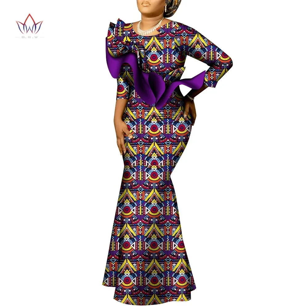 

Bintarealwax African Maxi Dress Bazin Riche Cotton Print Wax Long Dresses Nine Points Sleeve Plus Size Africa Clothing WY9492