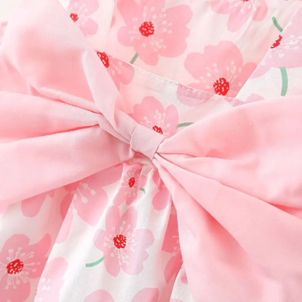 أزياء Bowknot طفلة فستان الأميرة الصيف بلا أكمام فستان زهري مع قبعة القطن الحلو الاطفال زهرة فستان عطلة الشاطئ #3