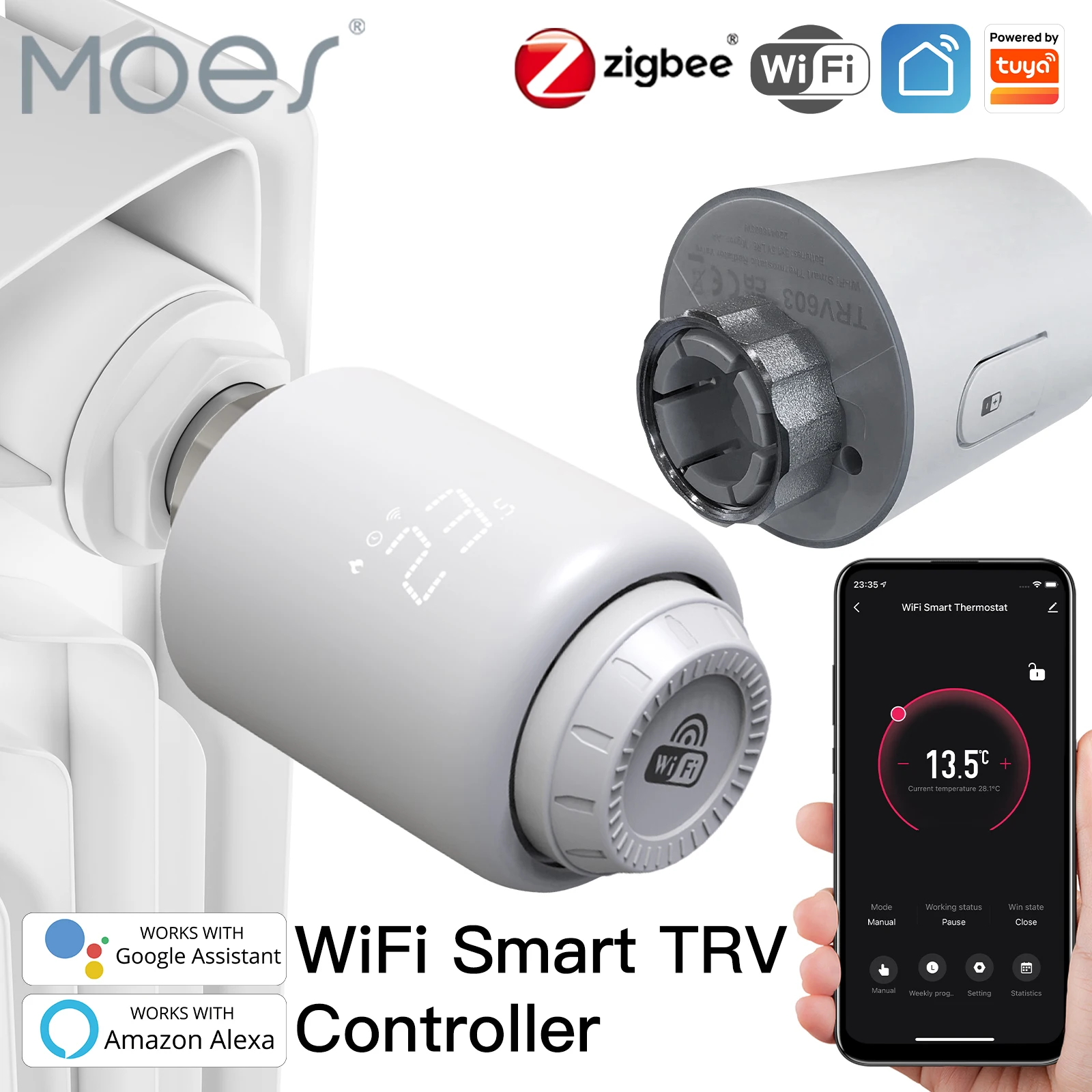 Moes Tuya Smart WiFi Thermostatic Radiator Valve Actuator Heat Temperature Controller Alexa Google Voice remote Control