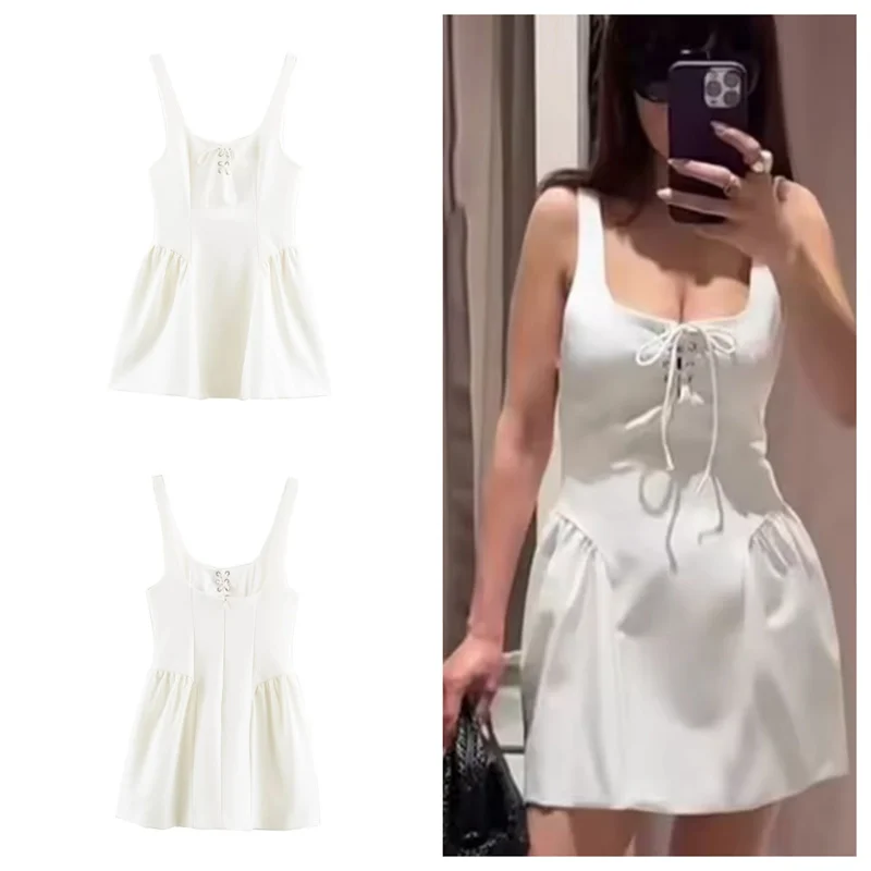 Guobioziy Women's Dress 2026 Summer New White Strap Dress with Tie Detail Fluffy Short Dress Elegant and Stylish Beach Vacation