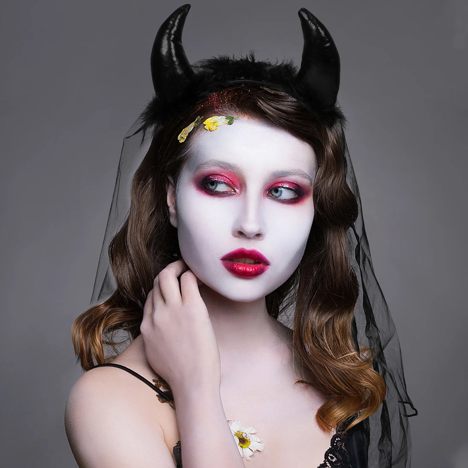 Halloween Black Horn Veil Headband Mesh Long Veil Gothic Bride Cosplay Costume Accessories Sheep Horns Ears Headband