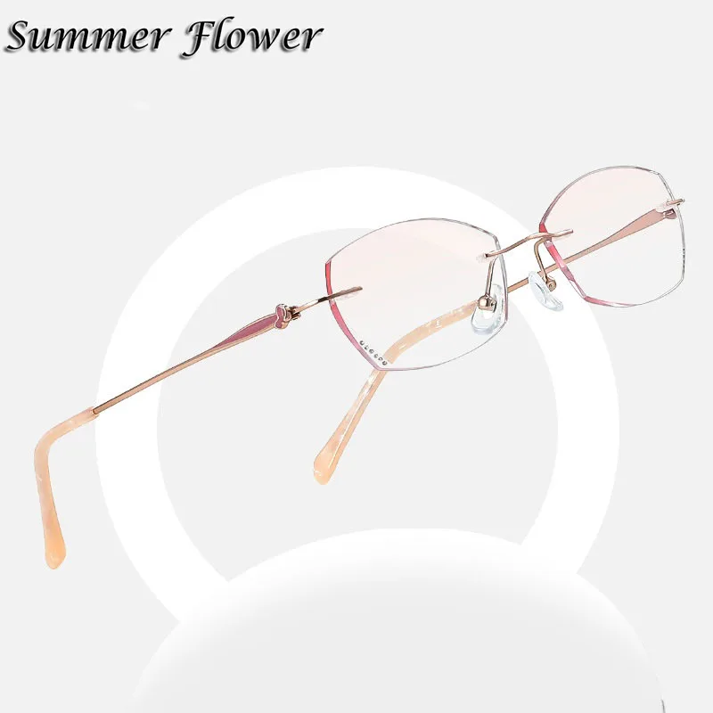 Picture 4: Customize Reading Glasses High End Titanium Rimless Frame Gradient Pink Lenses Prescription Anti Blue Ray Myopia Optical Glasses